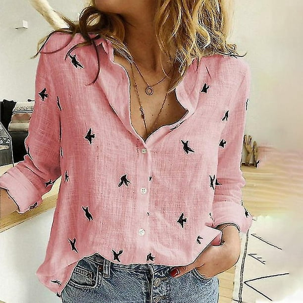 Camisas con estampado de pajaros para mujer camisetas holgadas de manga larga de algodon para primavera y verano Bodega Aurrera en linea