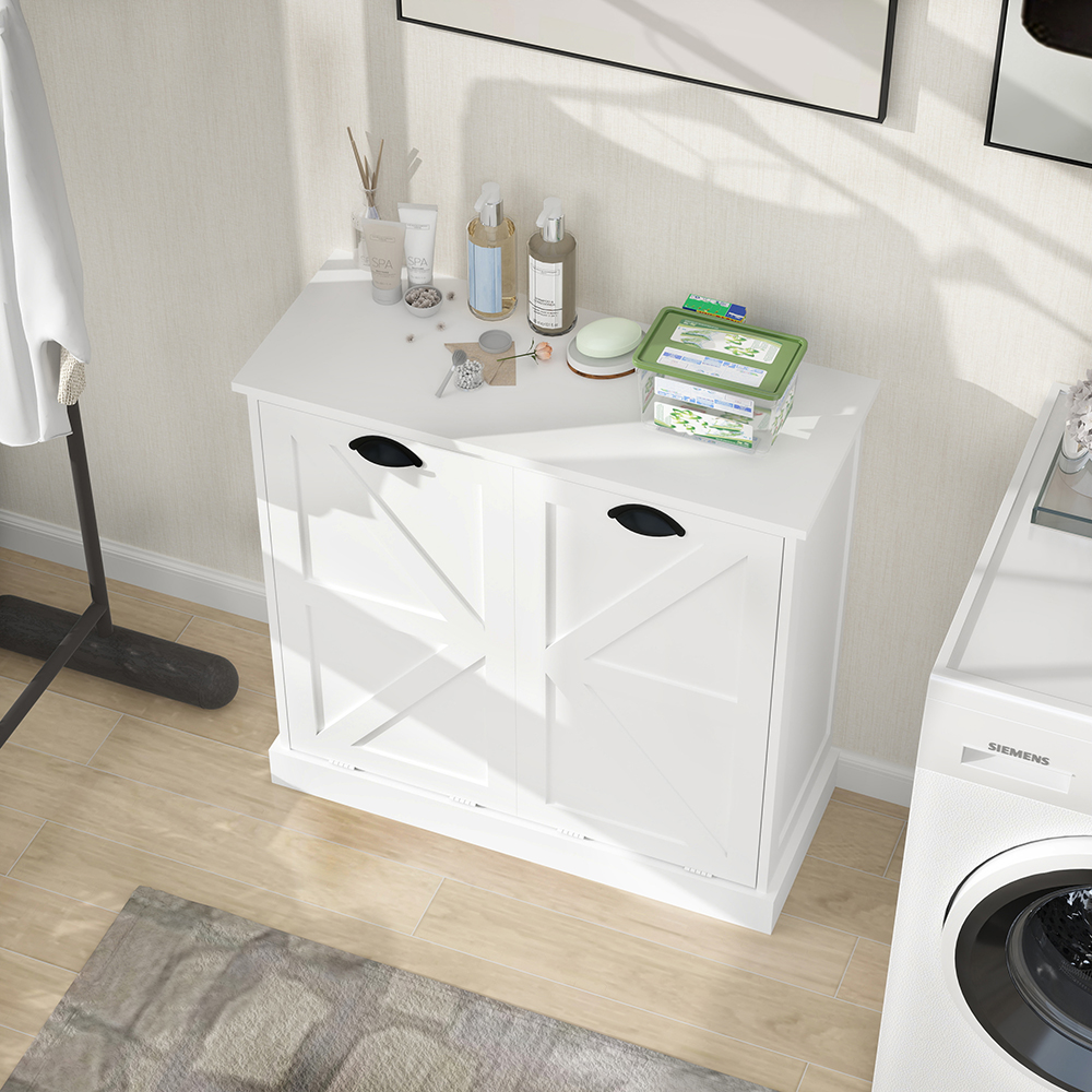 MIDOQIN Double Tilt Out Laundry Hamper Cabinet, Wooden Hidden Laundry Sorter Cabinet Free Standing Trash Can Cabinet for Home, Living Room