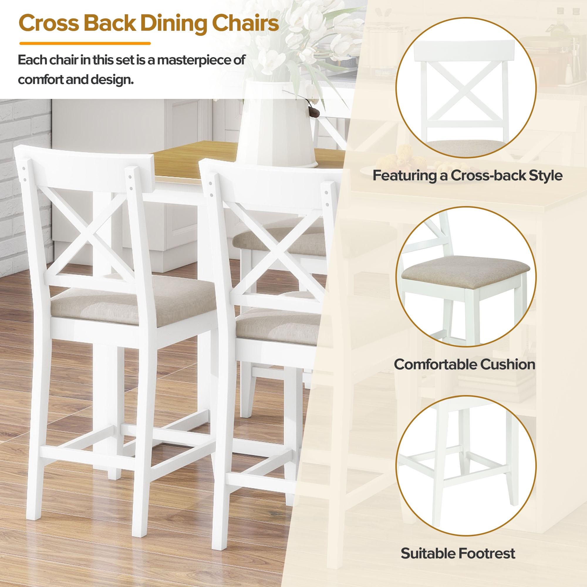 PORKISS 5 Piece Dining Table Set, Solid Wood Dining Table with 3-tier Storage Shelves, 4 Upholstered Chairs for Dining Room Kitchen Apartment, White