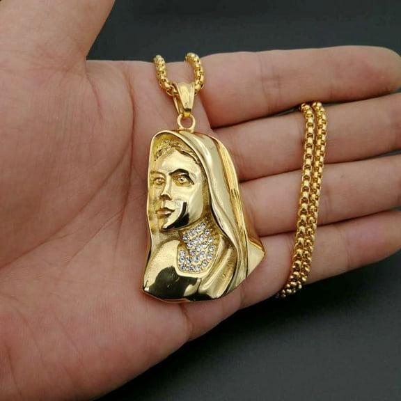Religious Virgin Mary Pendant Female 14K Yellow Gold Madonna Head Necklace for Women Religion Fashion Jewelry Gift
