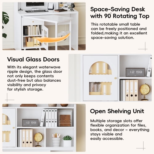 Bellemave L Shaped Desk with 90° Rotating Desktop, Home Office Computer Desk with Storage Cabinets and Shelves, Farmhouse Corner Writing Desk for Study or Small Space, White