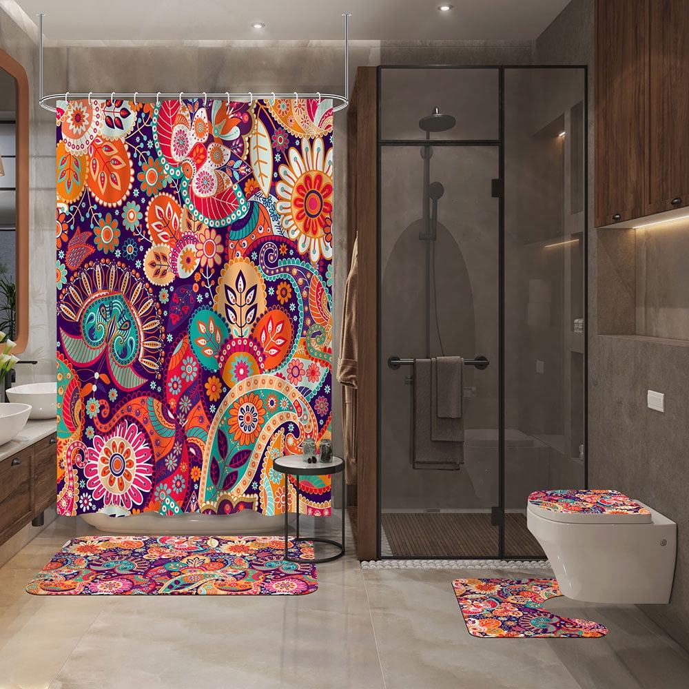 4 Pcs Boho Paisley Mandala Floral Shower Curtain Set with Rug Toilet Cover and Bath Mat for Bathroom