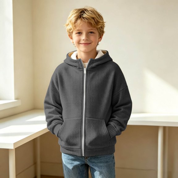 Waffle Knit Hoodies for Kids Zip Up Hooded Jackets with Pockets (Dark Gray)