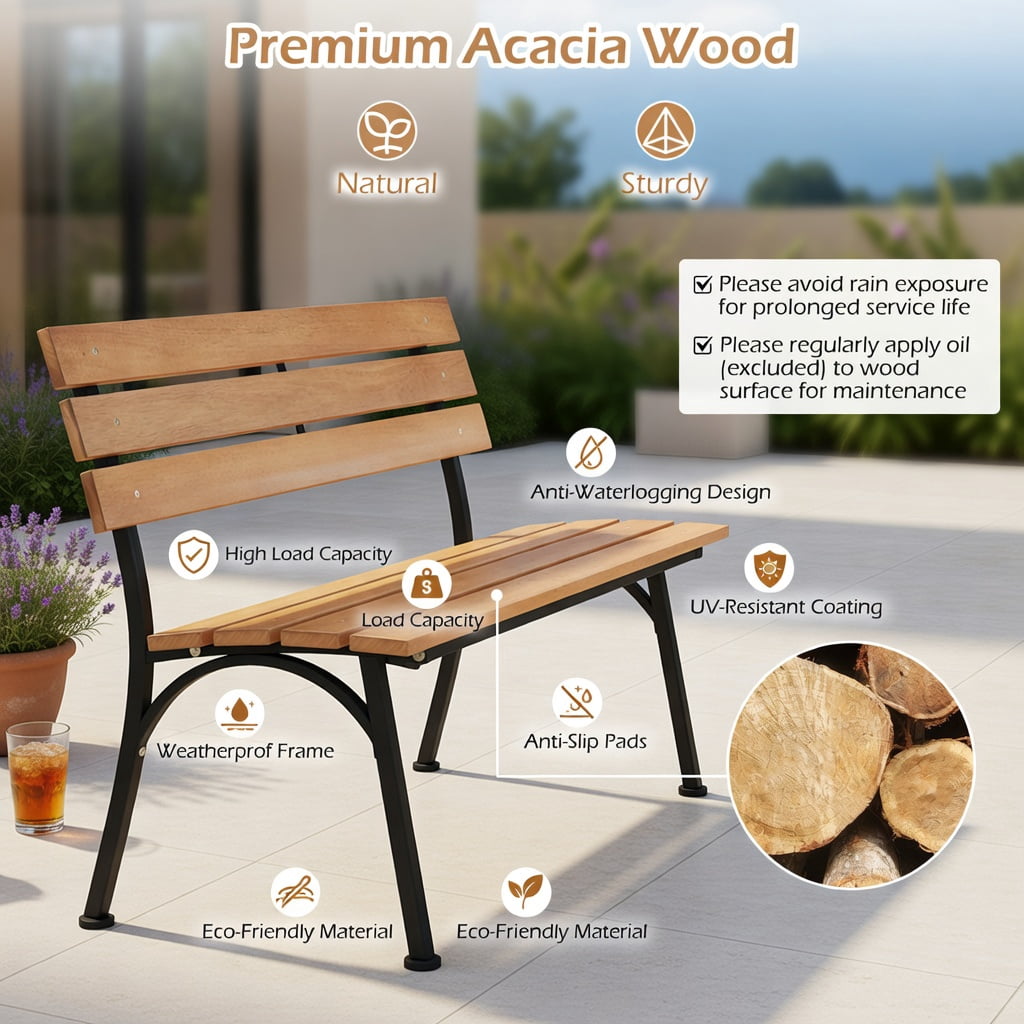 Hommoo 47" Outdoor Acacia Wood Bench with Black Metal Frame, Slatted Patio Bench for Backyard, Garden & Porch, Natural