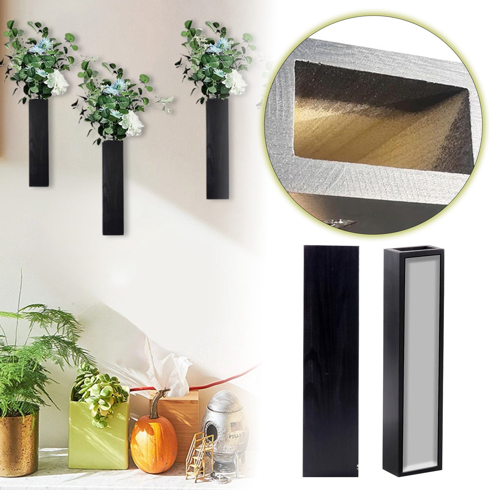 Black Wood Wall Planter for Indoor â Modern Farmhouse Hanging Planter for Dried Flowers, Greenery & Succulents â Living Room, Bathroom & Kitchen Wall Decor