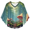 thumbnail image 4 of Enchanted Forest With Mushrooms Women's V-Neck Blouse With 3/4 Ruffled Bell Sleeves Casual Top Ladies Blouses, 4 of 7