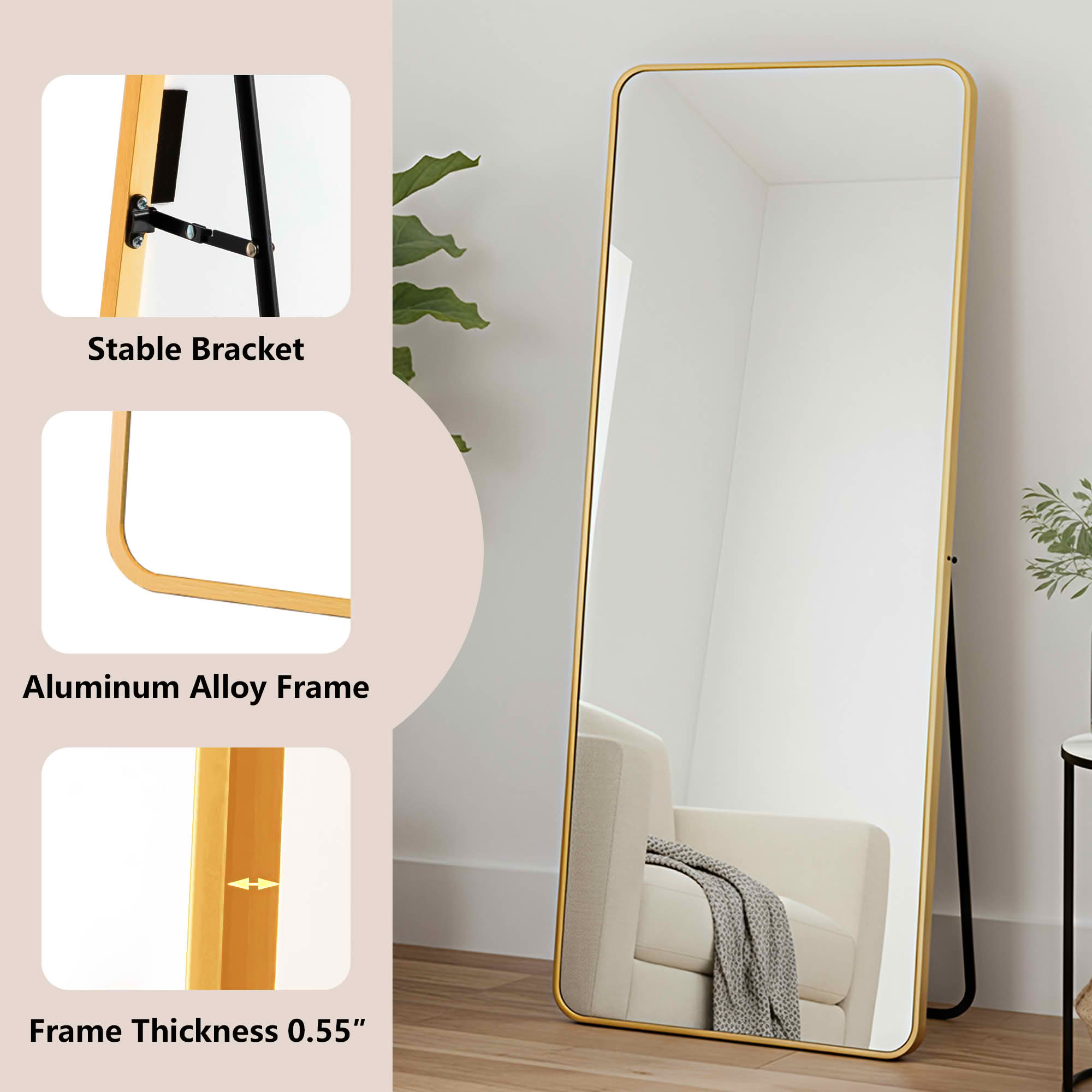 MAYEERTY 71x32in Aluminum Full-Length Mirror, Rounded Corner Tempered Glass With Stand, Gold