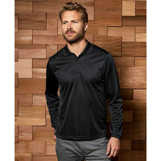 Premier Mens Long Sleeve Coolchecker Pique Polo Shirt Black M