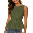 thumbnail image 5 of HomeDM Tank Tops for Women Crew Neck Button Down Peplum Tops Summer Cotton Linen Sleeveless Casual Flared Hem T-Shirts Army Green Size M, 5 of 8