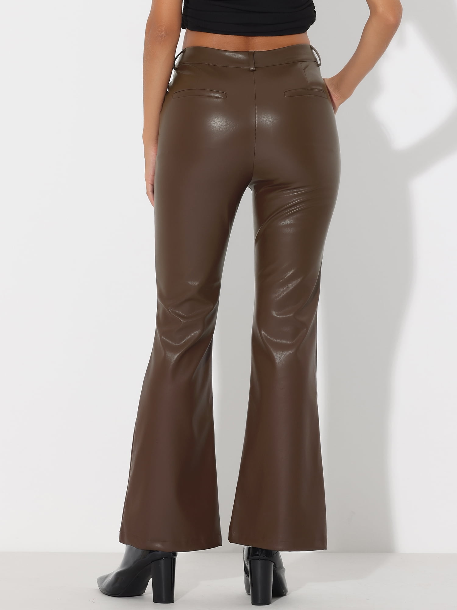 DARING DIVA Women's Faux Leather Flared High Waist Bell Bottom PU Trousers S Coffee