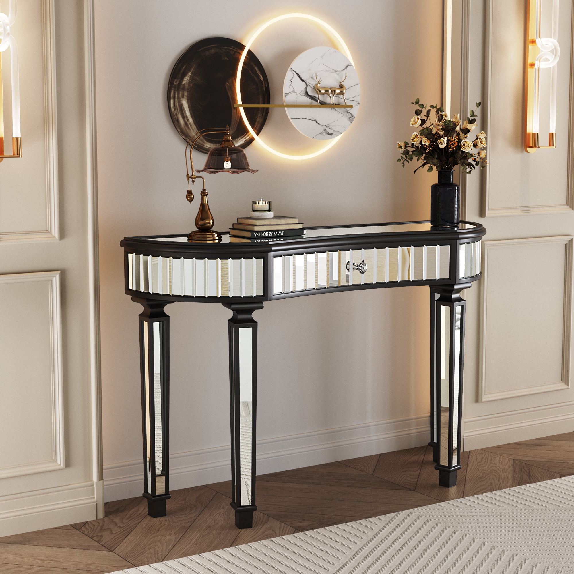 47" Half-Moon Mirrored Console Table Entryway Vanity Desk with Fluted Glass & Crystal Knob Drawer for Bedroom/Dressing Room (Black+Sliver)