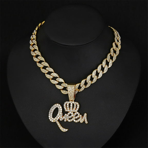 Hip Hop Crown QUEEN Letters Pendant Necklace 15mm Crystal Cuban Chain HipHop Iced Out Bling Necklaces Fashion Charm Jewelry