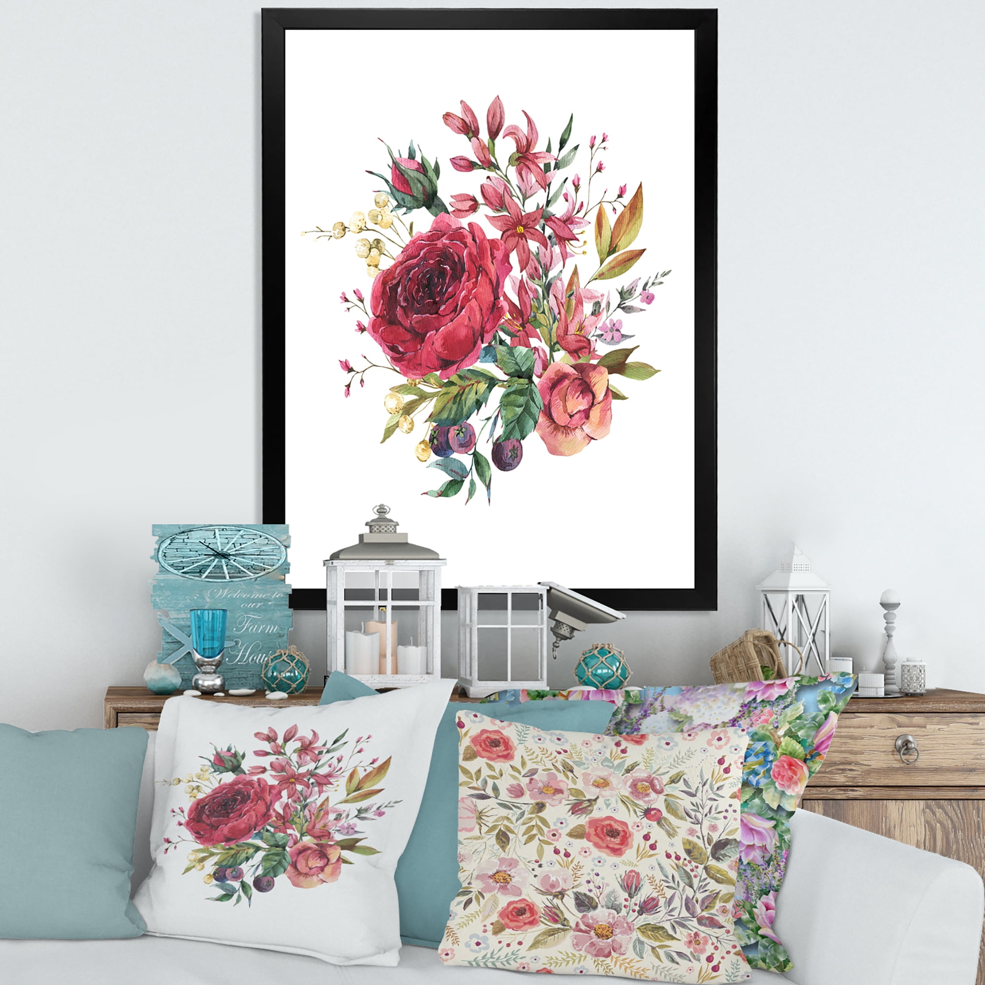 Designart 'Ancient Wildflowers and Burgundy Rose' Farmhouse Framed Art Print