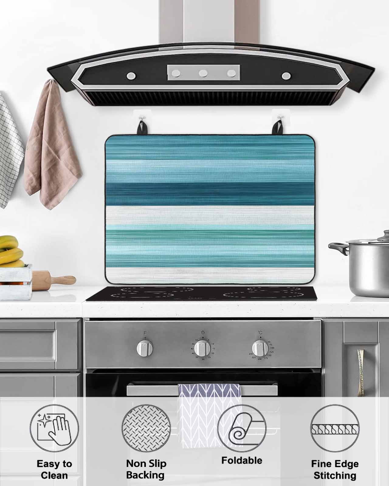 nqOlkjepod Large Induction Cooktop Protector Mat 36"x21", Teal Blue Green Stove Top Covers for Electric Stove, Modern Ombre Minimalism Abstract Stripes Stove Burner Cover Mats, Glass Top Stove Cover