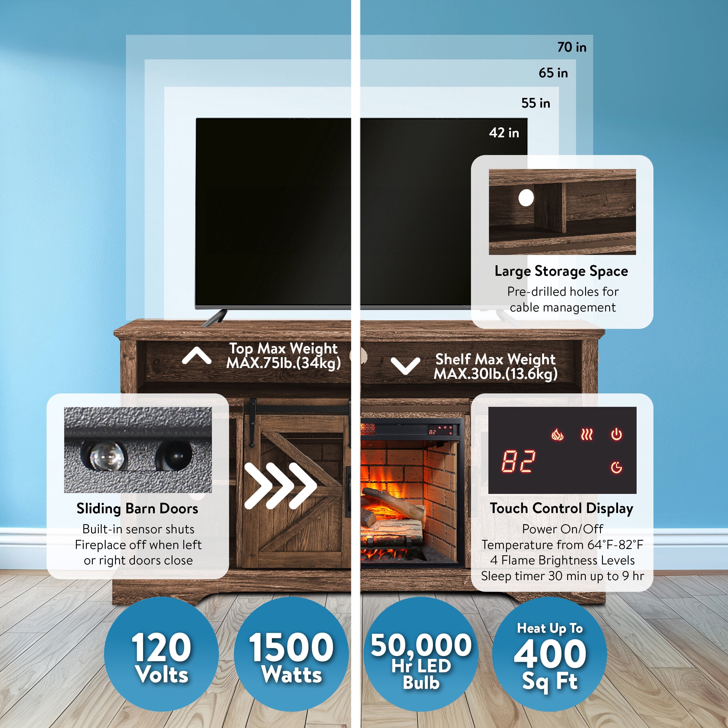 Indoor Fireplace 60 Inch Electric Fireplace Entertainment Center With Door Sensor-Reclaimed Barnwood Color,Fireplace Accessories
