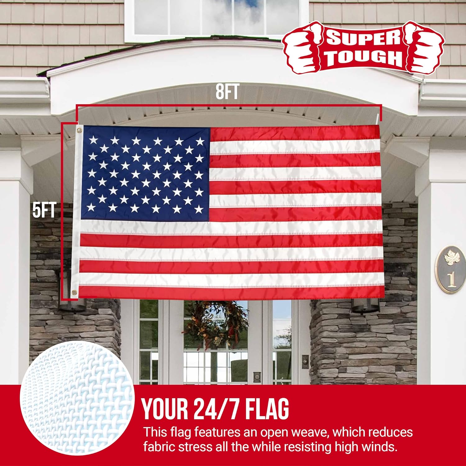 Super Tough 5Ft x 8Ft American Flag - Heavy Duty Polyester USA Flag with Embroidered Stars and Sewn Stripes Suitable for All Weather - Red/White/Blue