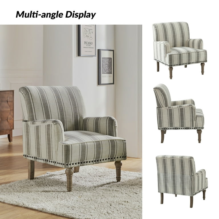 Wooden Upholstered Armchair Farmhouse Lounge Seat Accent Chair Sofa Nailhead Trim Wooden for Home Living Room Grey Stripe