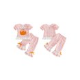 thumbnail image 2 of RUINIXCW Toddler Baby Girl Halloween Outfit Infant Baby Girl Summer Fall Clothes Cute Pumpkin Ghost Embroidery Short Sleeve Plaid Shirt Tops Flared Pants Set, 2 of 9