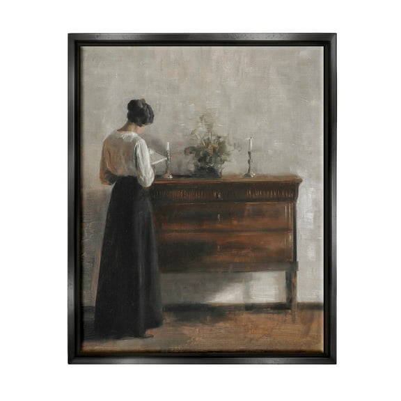 Classic Woman In Dress Reading Typography Painting Jet Black Framed Art Print Wall Art