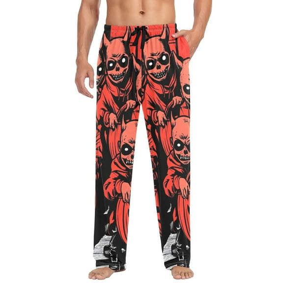 Halloween Red Devil and Pumpkin Mens Cotton Pajama Pant Sleep and Lounge Bottons with Pockets