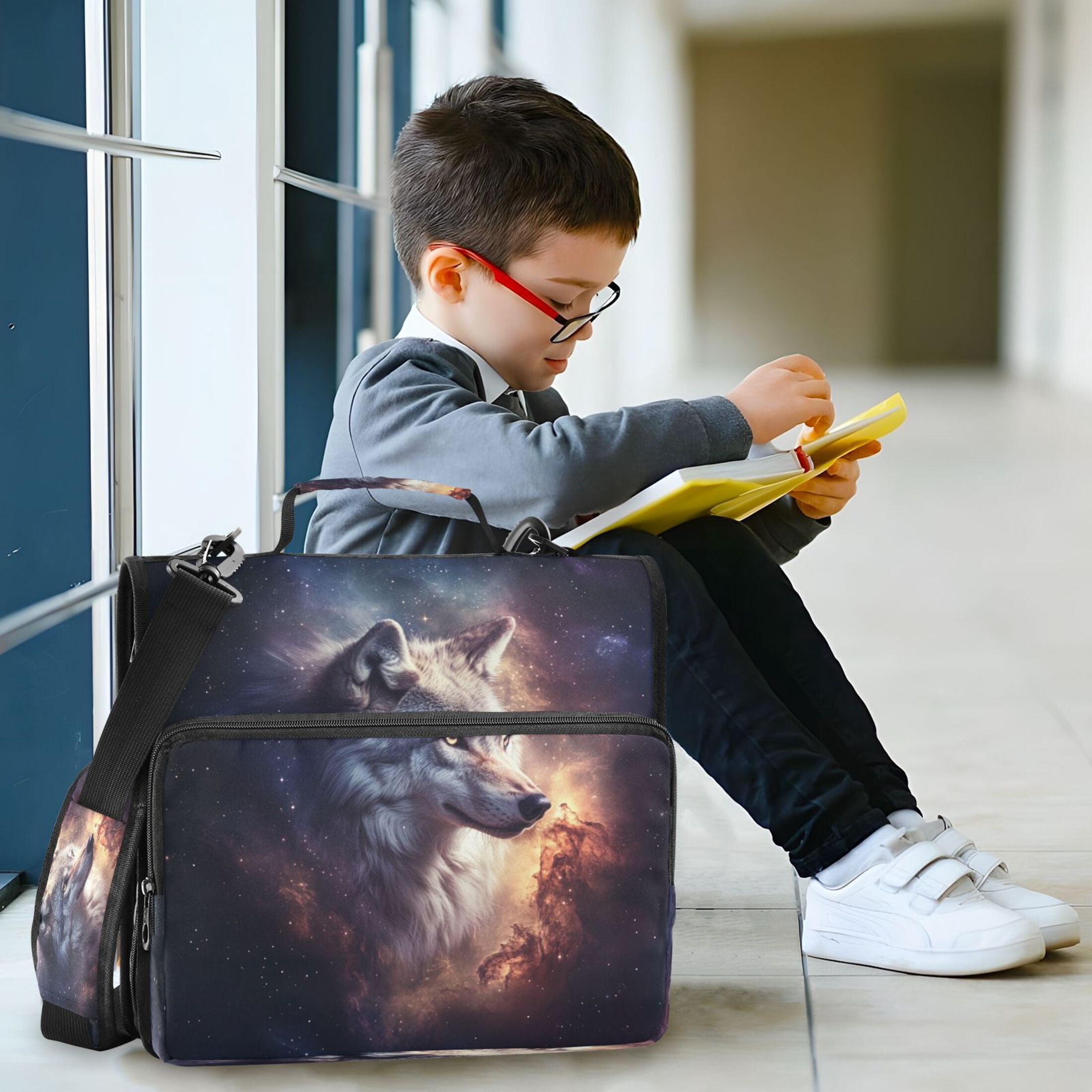 Water-Resistant 3-Ring Binder Organizer with Multiple Pockets Zipper Binder Bag for Office Majestic Wolf