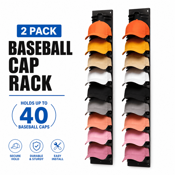 Hat Organizer for Baseball Caps, Holds up to 40 Hats, 2 Pack Rack for Wall, Strong Adhesive Storage Display Holder for Closet Door and Wall (Black)