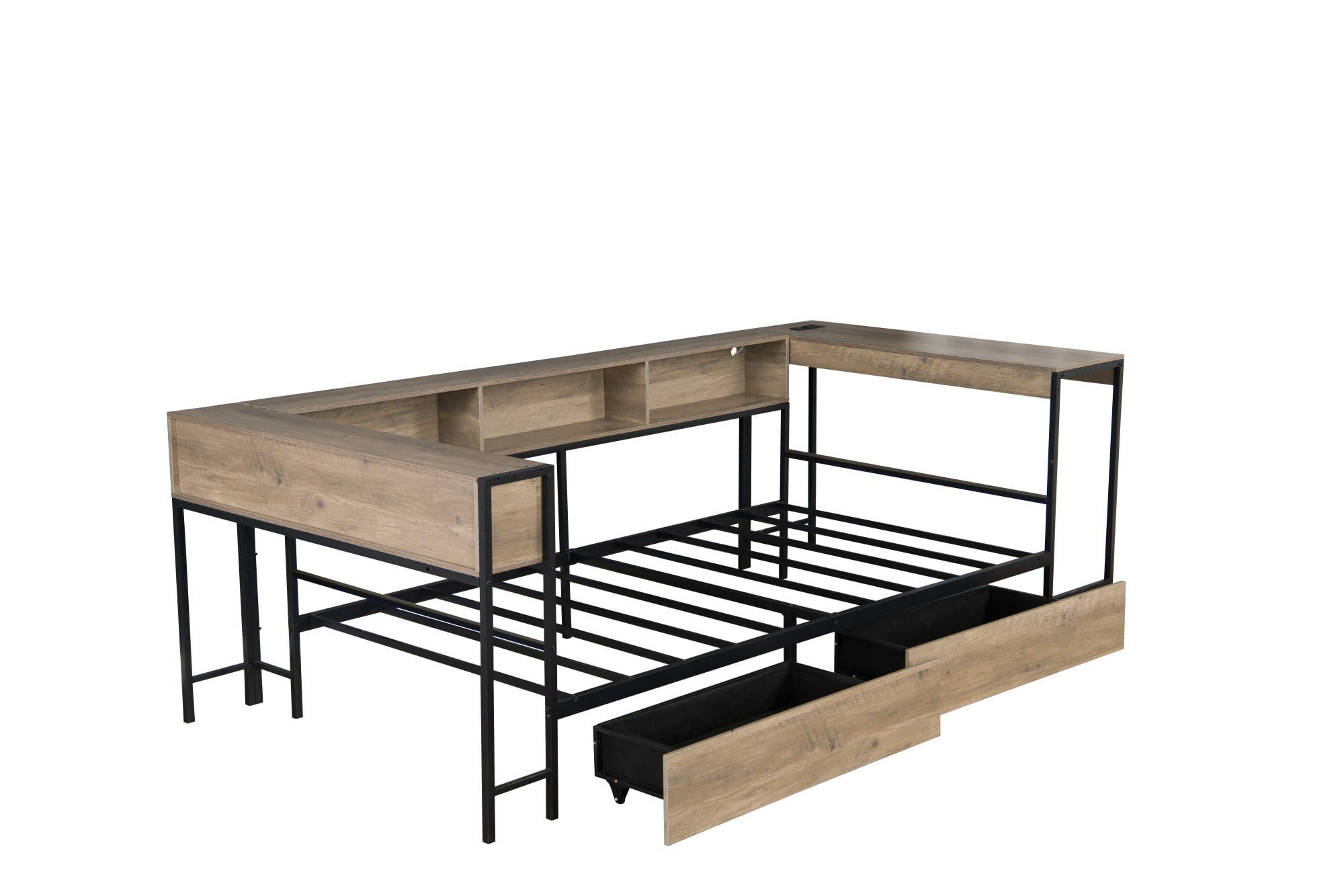AENKYO Queen Size Corner Daybed with Desk & Storage Headboard, LED Lights, Power Outlets & Drawers, Gray