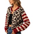 thumbnail image 4 of Women's Striped Leopard Print Button Down Long Sleeve Knitted Cardigan Sweaters (Red L), 4 of 4