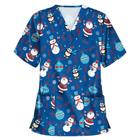 

Women Scrub_Top Working Uniform Blouse Short Sleeve V-Neck Workwear T-Shirt with Pocket Comfy Tops XXL