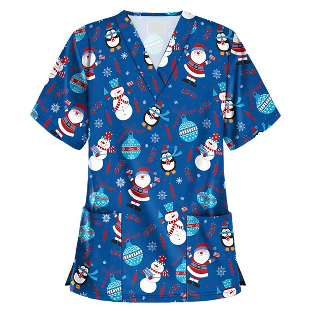 Pntutb Blusa de manga corta con cuello en V para mujer, uniforme de trabajo, blusa de Acción de Gracias de Navidad Pntutb Pntutb-5338
