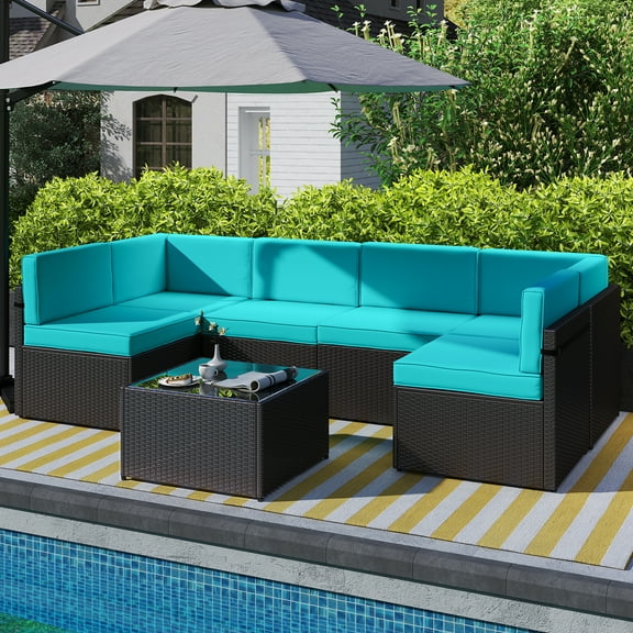 Kinbor 7pcs Outdoor Patio Furniture Sectional Pe Rattan Wicker Rattan Sofa Set with Aqua Cushions