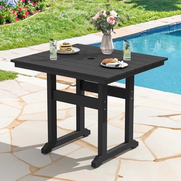 DYCANPO 35'' Outdoor Dining Table with Umbrella Hole, HDPS Square Patio Table, Black