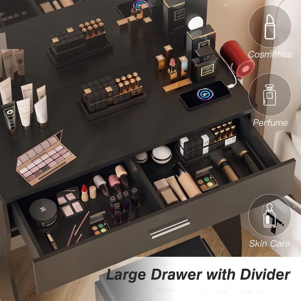 VEANERWOOD Vanity Set with 3 Color Lighted Mirror Makeup Table 55" with Charging Station Large Drawer, Black
