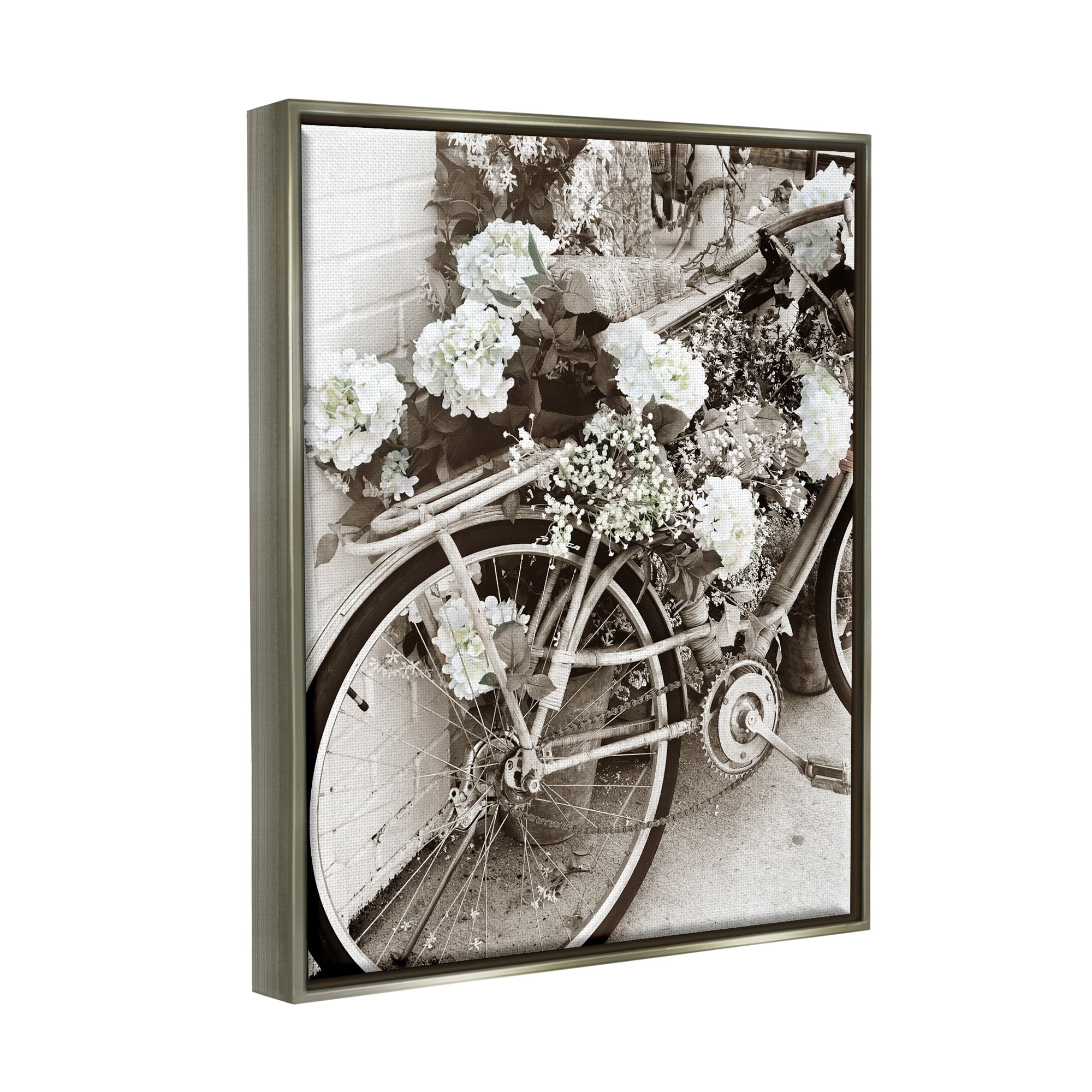 Stupell Industries Flower Blossom Covered Bicycle Vintage Neighborhood Photography Photograph Luster Gray Floating Framed Canvas Print Wall Art, Design by Acosta