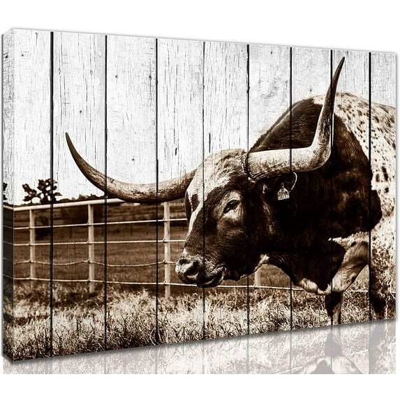 Rustic Wall-Art - Wall Decorations for Bedroom Farmhouse Wall Art - Texas Longhorns Western Decor - Framed Ready to Hang for Kitchen Size 12x16