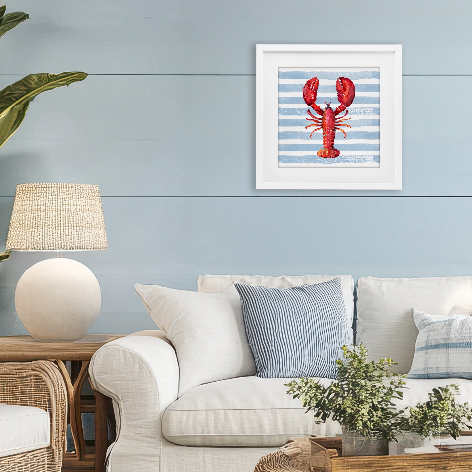 Stupell Industries Red Lobster on Blue Stripes White Framed Print Under Glass, design by Patricia Pinto