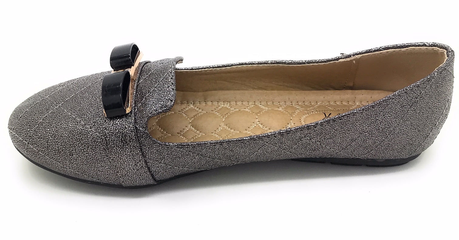 Victoria K Techno Shine Quilted Texture Black Bow Ballerina Flats (Women)