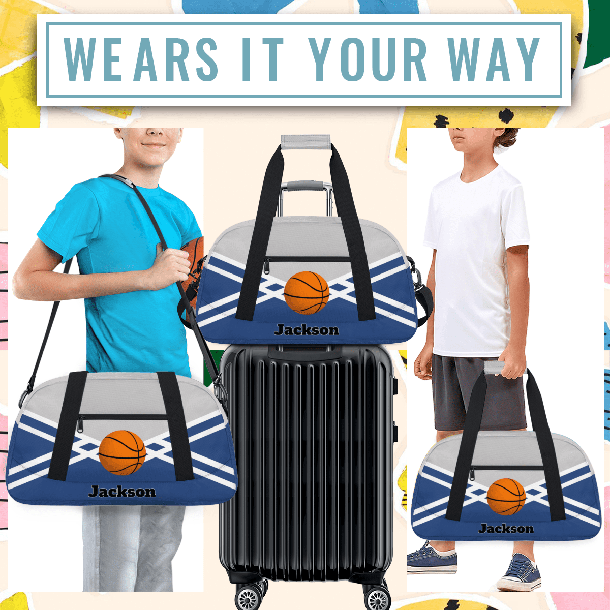 Herdesigns Personalized Basketball Duffel Bag Sport Bag Custom Gym Bag with Name, Dance Bags Weekender Bags Overnight Bags Travel Bag, Blue Gray