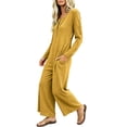 thumbnail image 5 of Womens Jumpsuits Knit Button Long Sleeve Jumpsuit Waffle Casual Round Neck Wide Leg Romper With Pockets Fall Winter Daily Wear, 5 of 7