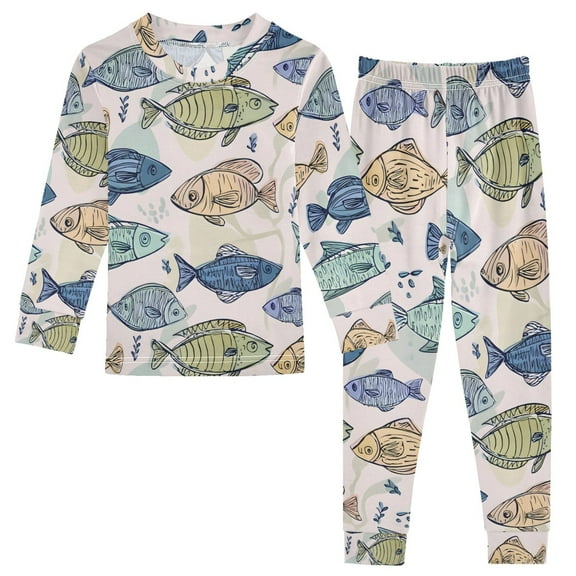 joogoo Hand Draw Fishes 2 Piece Long Sleeve Tee and Pants Cotton Pajama Set 5Y
