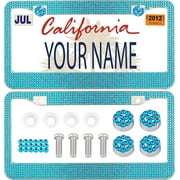 Bling Bedazzled Crystal Sparkle License Plate Frame Cover with Glittery Screw Caps - Blue 2 Pack