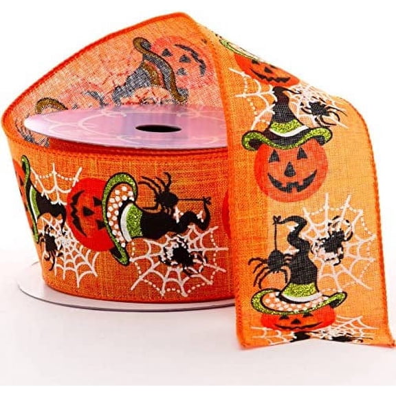Wired Edge Ribbon Halloween Decorations - 2 1/2" x 10 Yards, Orange & Black, Fall Decor, Jack O'Lantern, Witch's Hat, Trick or Treat, Spider Webs, Wreath