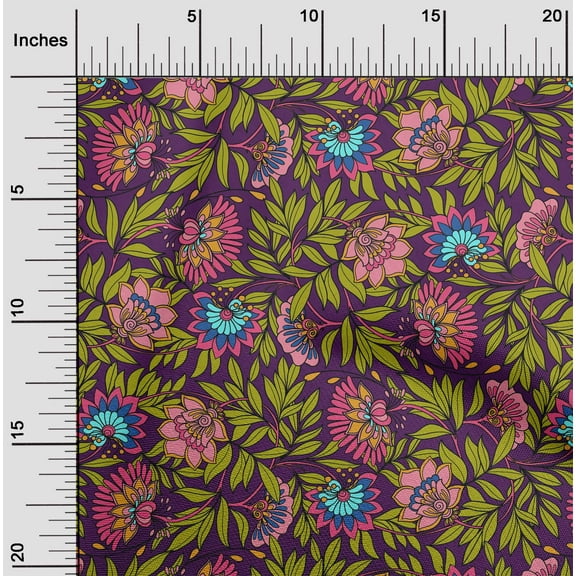oneOone Organic Cotton Poplin Twill Fabric Leaves & Floral Clip Art Print Fabric By Yard 42 Inches Wide