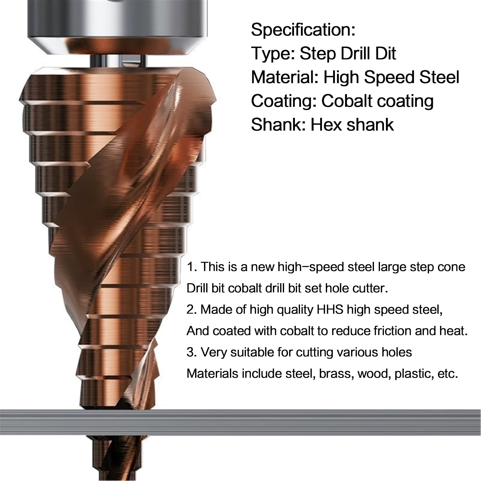 STONEGO 1PC HSS M35 Cobalt Step Drill Bit - High-Speed Steel with Taper Hexagon Shank, Sizes 4-12mm, 4-20mm, 5-21mm, 5-27mm, 4-32mm for Metal and Wood Drilling