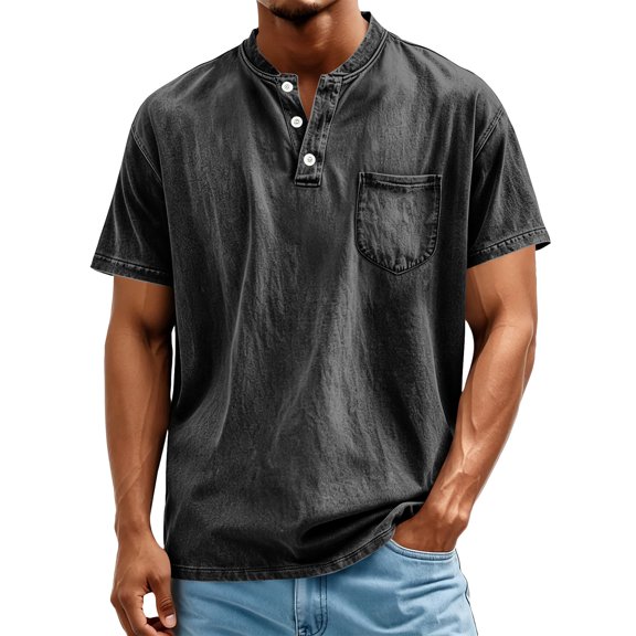 Sewkxo Henley Shirts for Men Acid Washed Oversized T Shirts Short Sleeve Summer Tops Stylish Vintage Plain Tees,Black XL