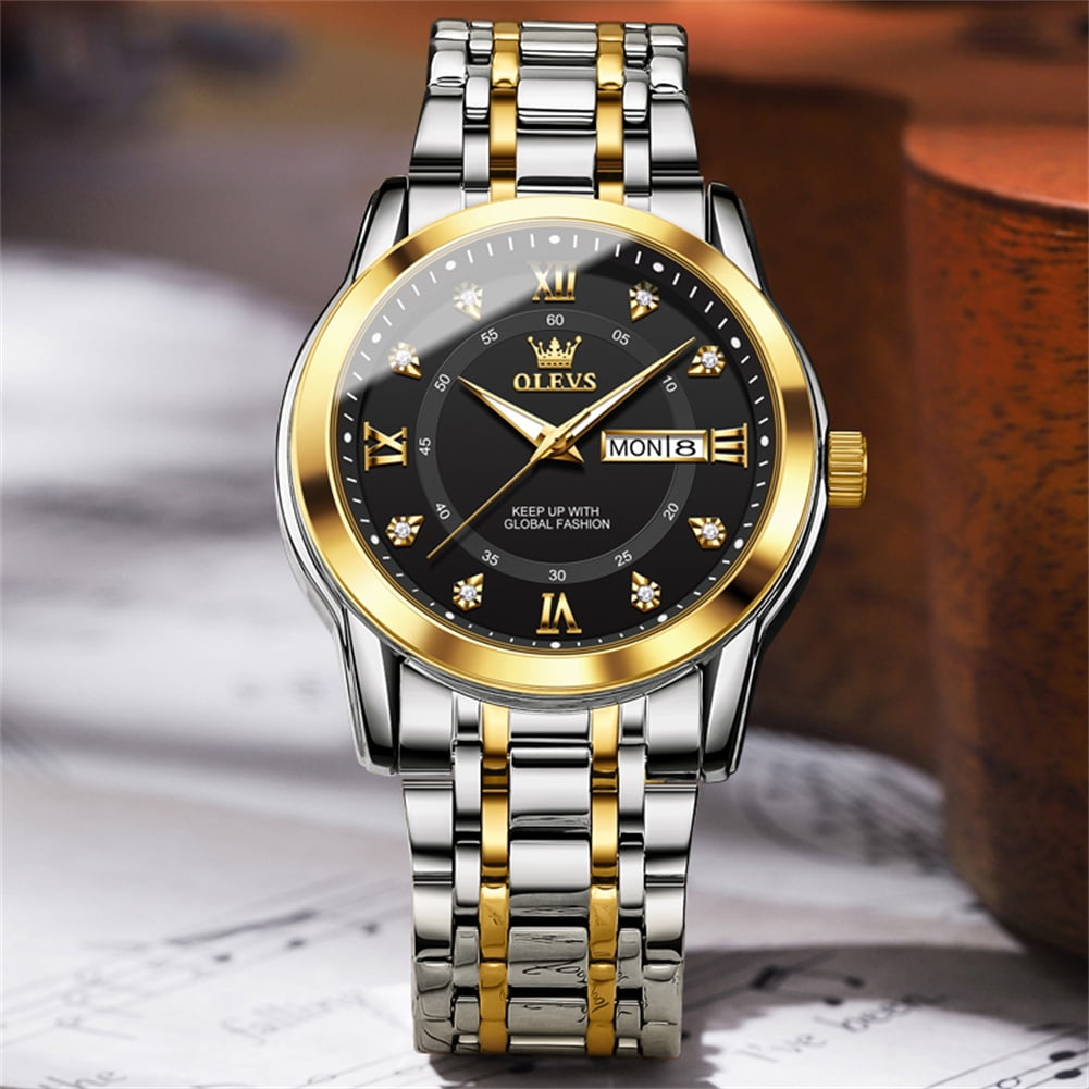 OLEVS Watches for Men Classic Business Dress Analog Quartz Stainless Steel Waterproof Luminous Date Diamond Mens Wrist Watches Relojes De Hombre,Gold/Blue/Black Dial