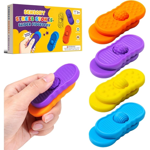 Ausugar Sensory Slider Fidget Stones Set Rolling Beads for Kids Adults, 4 Pack Silicone Marble Stress Silent Fidgets Slider for Classroom, Autism Anxiety Relief Small Fidget Toys