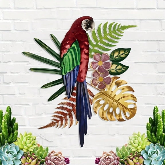 1pc Rustic Multicolor Metal Parrot with Tropical Flowers Wall Art, 2D Colorful Bird and Foliage Wall Sign, and Bar Kitchen Coffee Decor