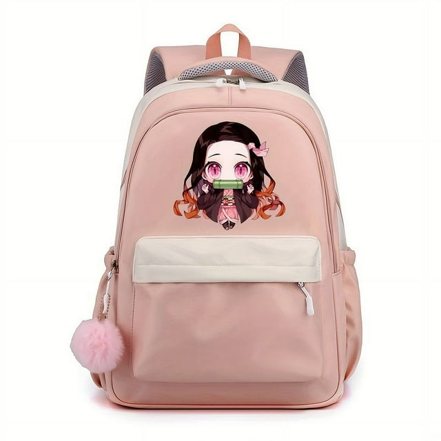 1pc Cute Cartoon Girl Pattern Backpack With Comfortable Small Plush Ball, Girls School Bag, Simple Lightweight Candy Color Backpack, Students Backpack For Daily Use, Breathable Backpack