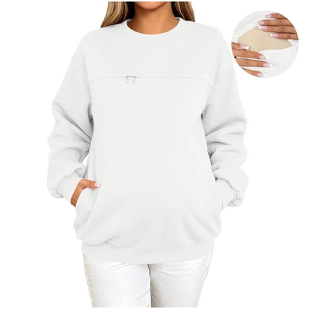 Admvng Maternity Nursing Sweatshirt Crew Neck Drawstring Long Sleeve Pocket Soft Pregnancy Breastfeeding Pullover Top